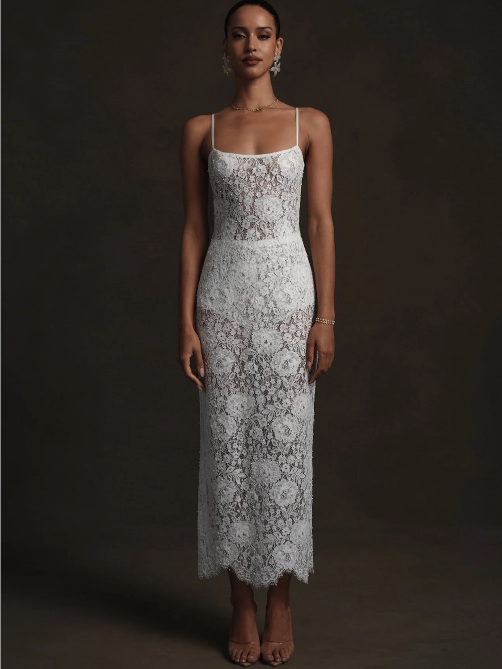 V. Chapman White Floral Lace Midi Dress with Spaghetti Straps